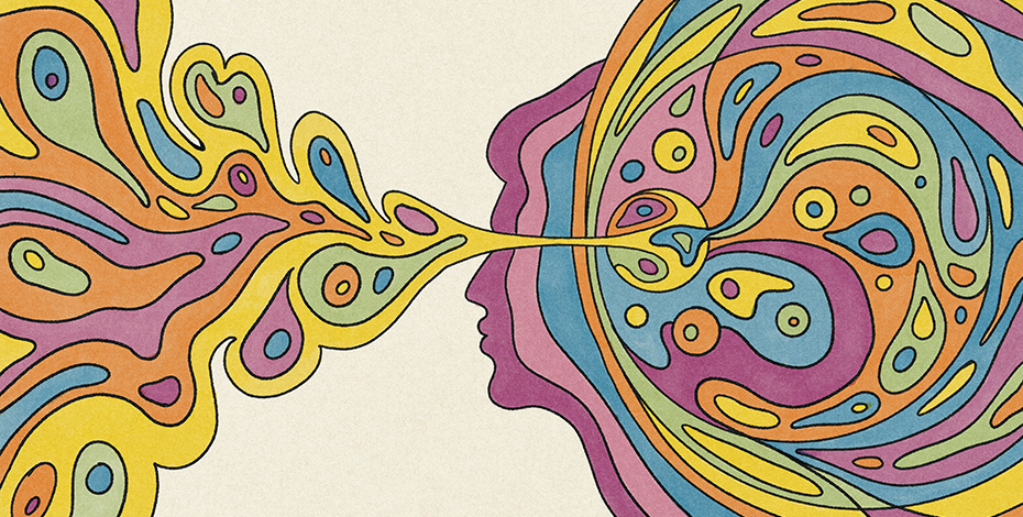 Multicoloured graphic with shapes swirling out of a person's brain.