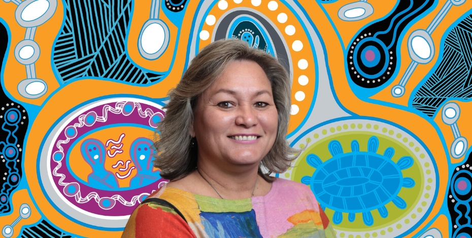 Headshot of Jaki Adams with Indigenous art background.