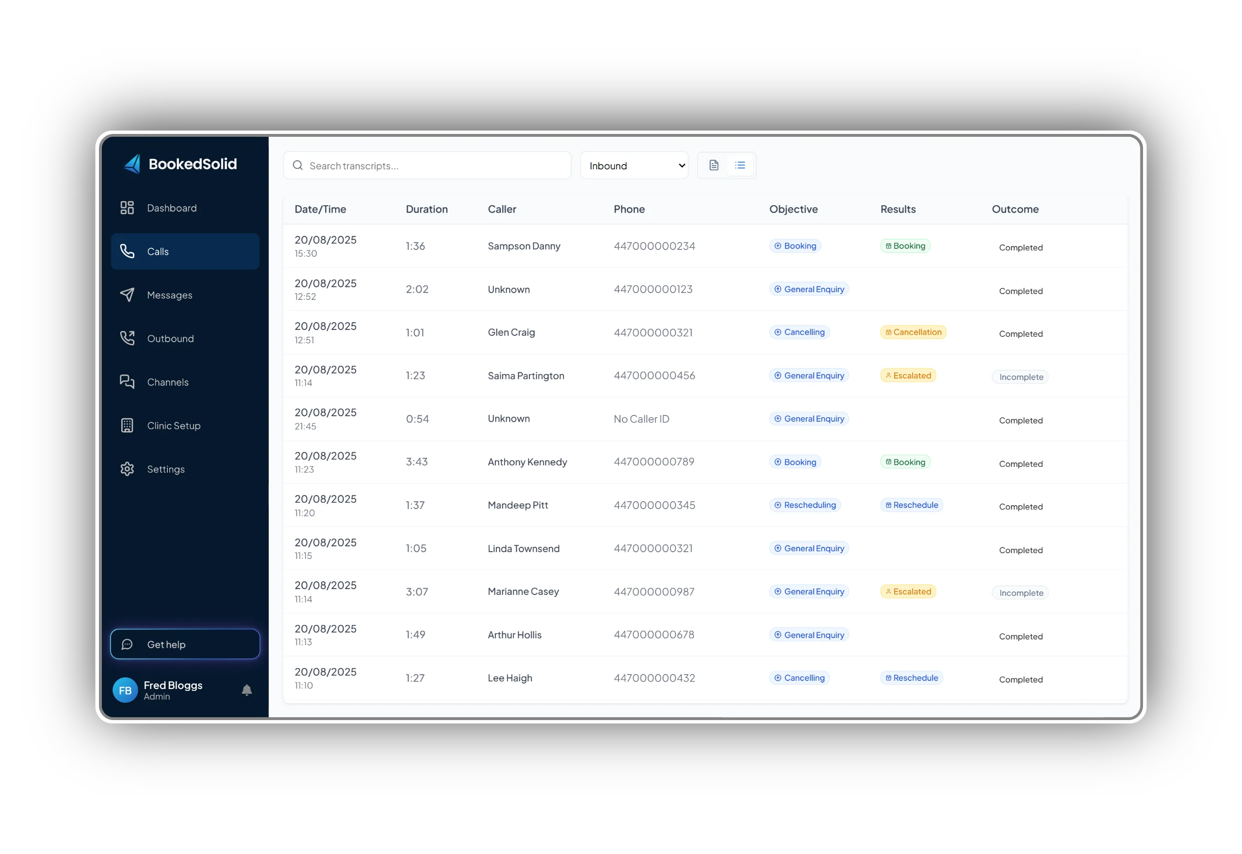 BookedSolid dashboard