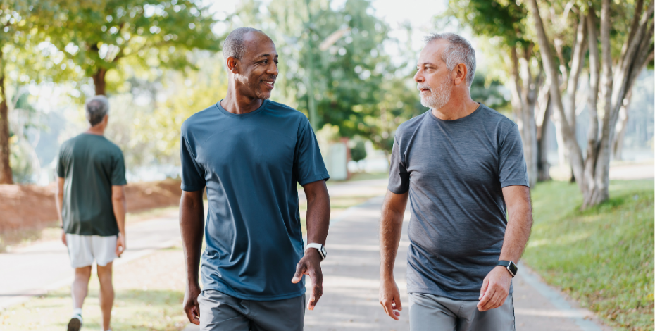 Two men are talking as they walk down a path.