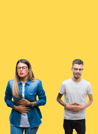 Two people holding their abdomens in pain