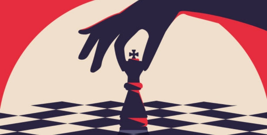 Cartoon image of a hand placing a king onto a chessboard.