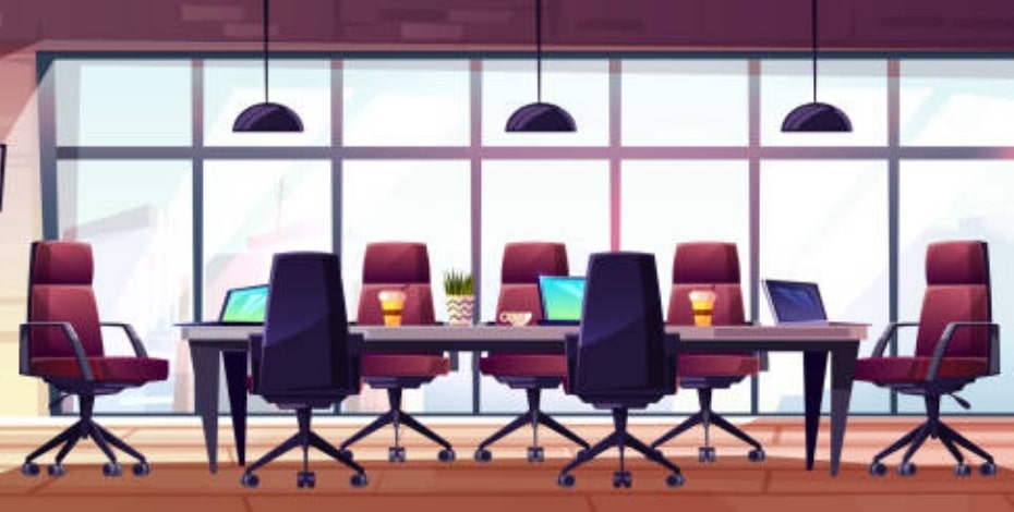 Cartoon of a boardroom table and chairs.