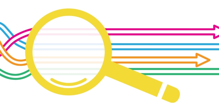 Graphic of magnifying glass over coloured squiggly lines that turn into straight arrows.