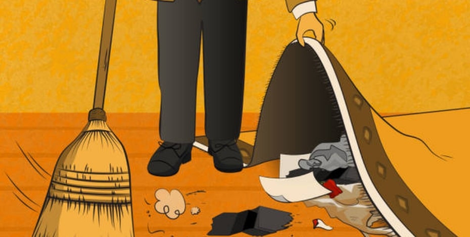 Cartoon showing a man sweeping things under a rug.