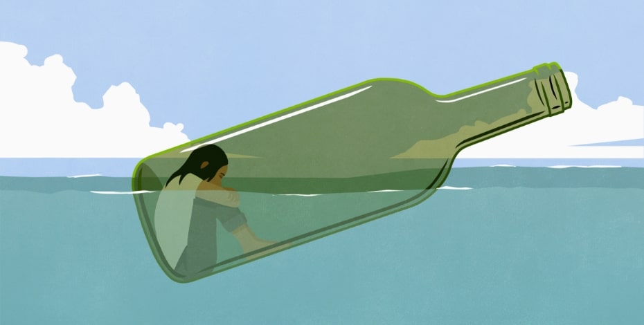 Cartoon of a person sitting with their hands around their knees in a giant glass bottle floating in the ocean. 