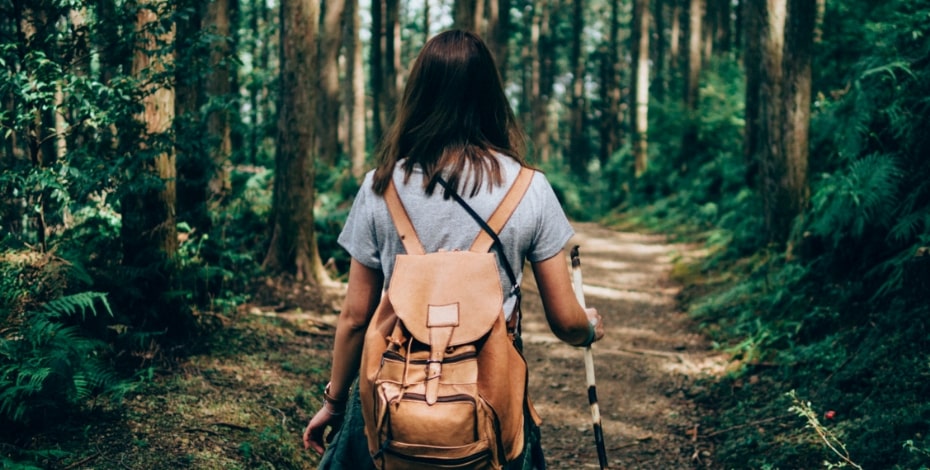 A woman wearing a backpack hikes through a forest. 