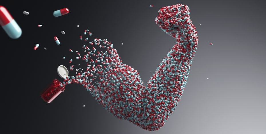 Graphic image of a muscle-flexing arm made up of pills spilling from a bottle.