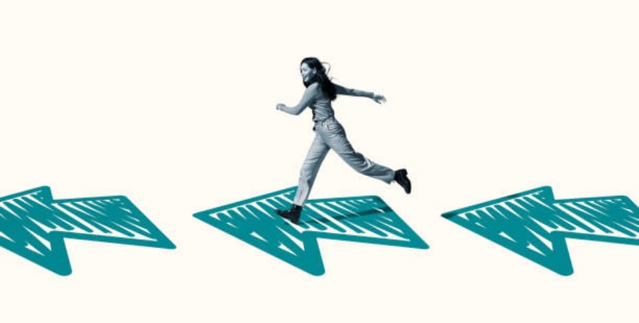 An artist's impression of a woman running on a suite of arrows all pointing in the one direction.