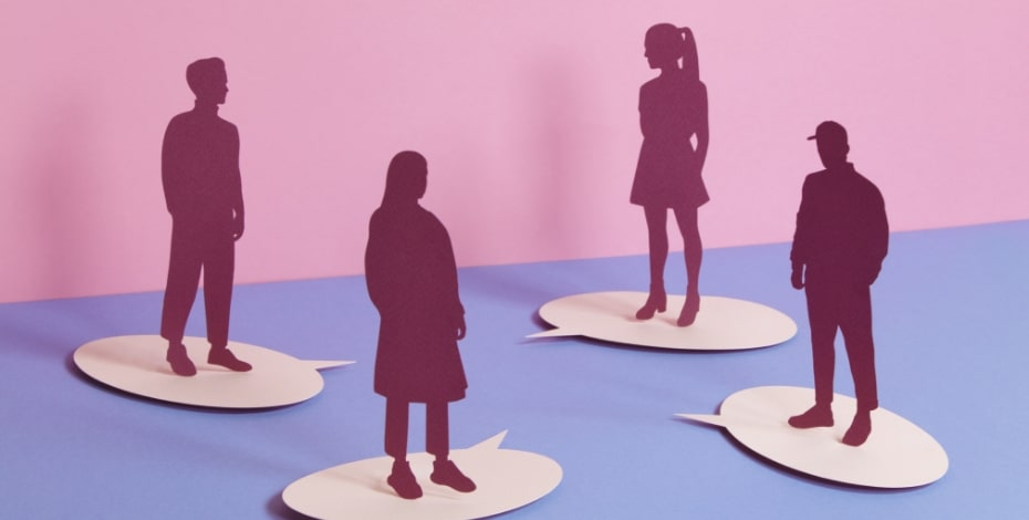 Abstract image of shadow people standing on talking symbols with a blue/purple floor and pink wall.