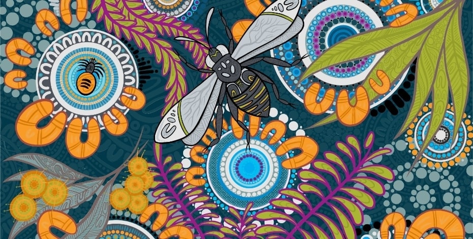 An artwork by an Indigenous artist with various plants, dot circles and insects, including a prominent bee. 