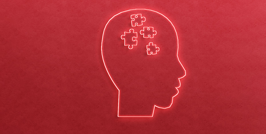 An outline of a head on a red background. Inside the head are several puzzle pieces. 