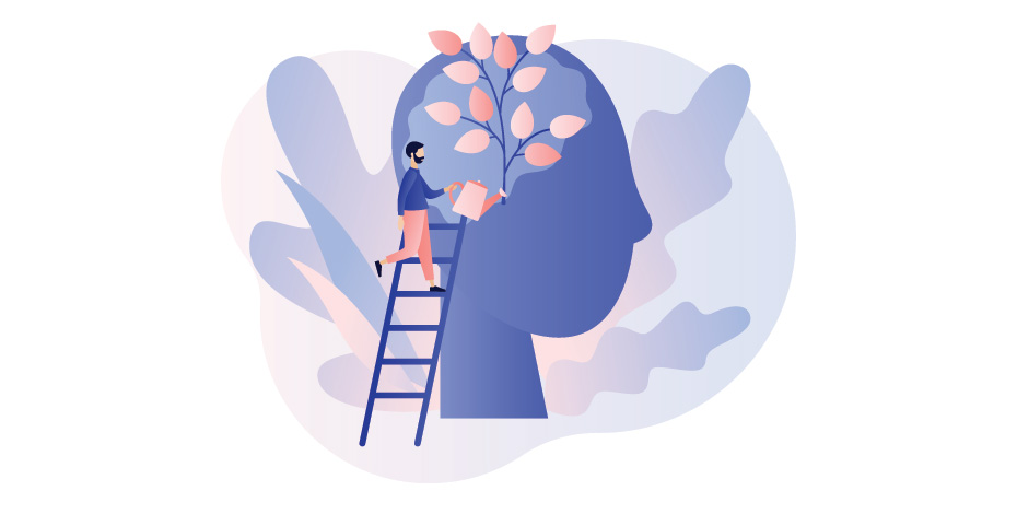 an illustration of a man on a ladder watering a plant growing out of a head