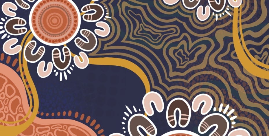 This is an Aboriginal artwork with concentric circles representing conversations, surrounded by small u-shapes representing people in the conversation. Line representing journeys head in many directions. 