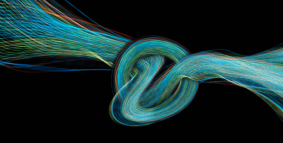 Abstract image of bright blue lines of light tied in a knot.