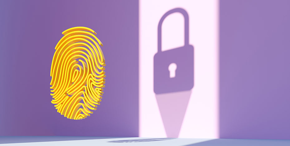 Abstract image of yellow fingerprint and purple padlock.