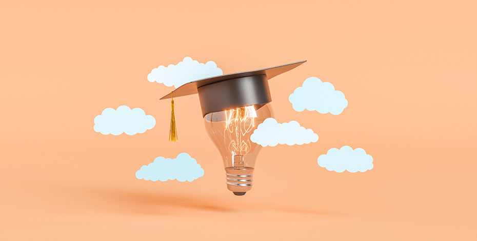 Lightbulb wearing mortarboard and clouds against a peach background.