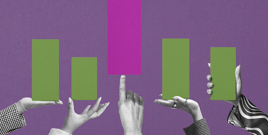 Hands hold up green and purple rectangles against a darker purple background.