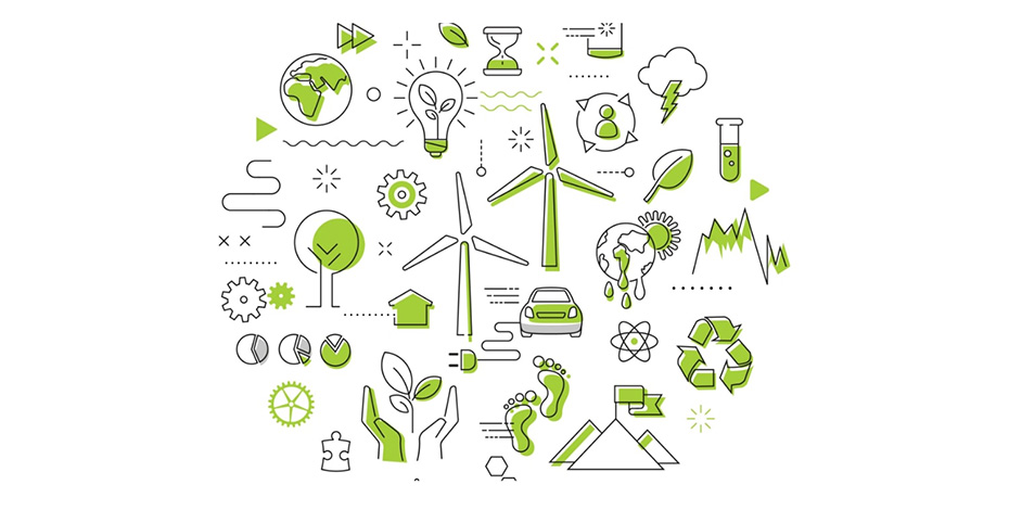 A collection of icons relating to climate and sustainability are grouped in a loose circle. Icons include maps of the globe, light bulbs, wind propellers, the recycling symbol, plants, egg timer, footprints, weather related icons, and more. The image is highlighted with green. 