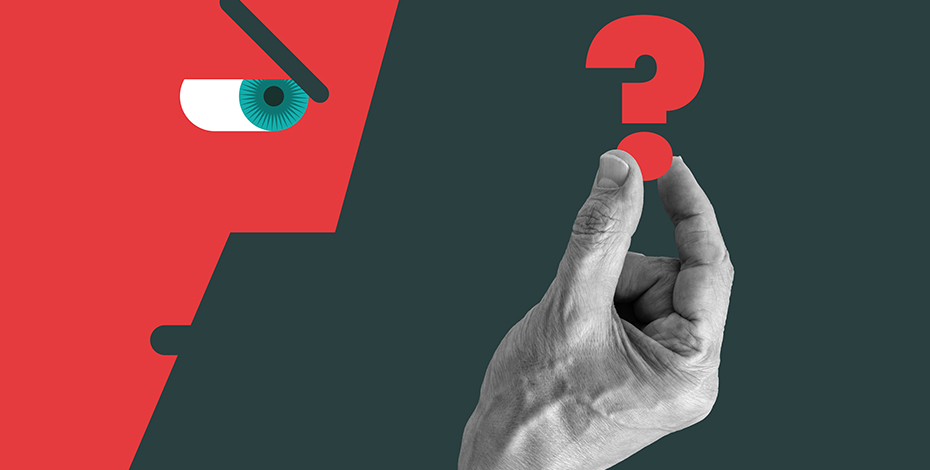 A graphic illustration of a face is looking at a hand holding up the question mark symbol.