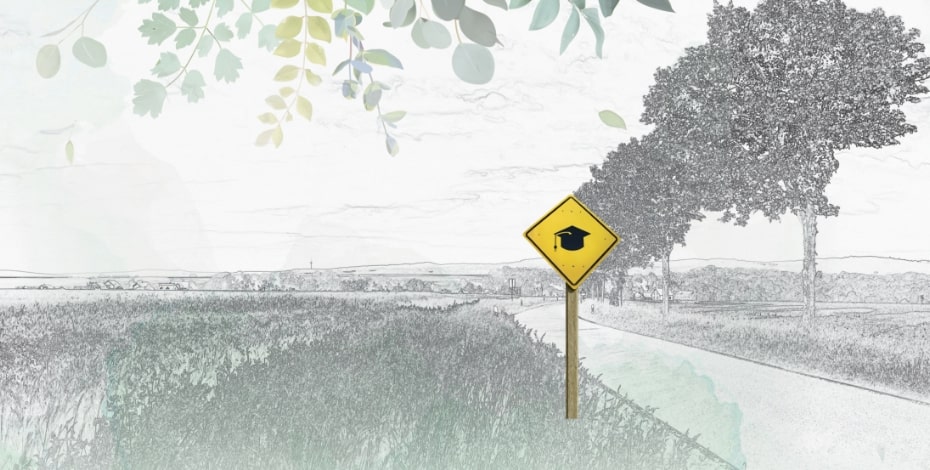 A road winds through a country landscape, with fields on one side and trees on the other. A yellow road sign has an image of a mortarboard cap on it. The background has been converted to a sketch.   