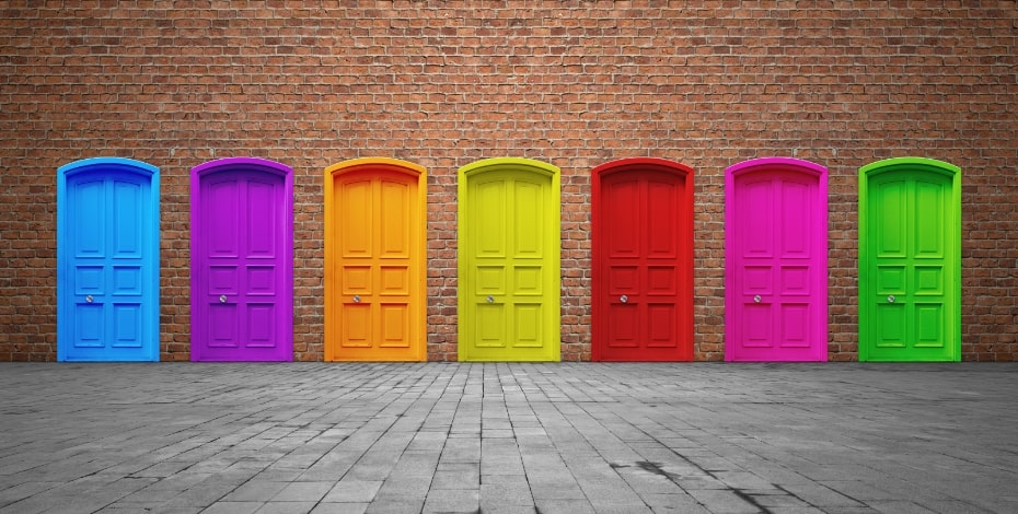 Colourful doors all lined up in a row.