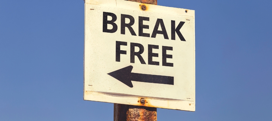 wooden sign reading break free with an arrow pointing to the left