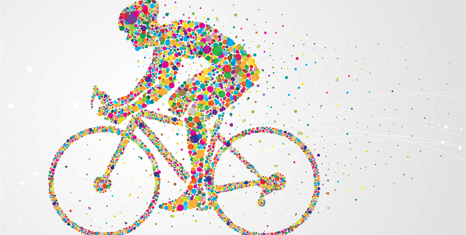 Graphic design of a woman on a bicycle in a variety of colours. 
