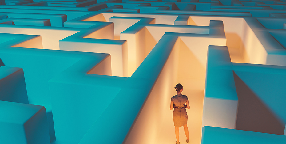 A graphic representation of a woman lost in a maze that has many avenues to explore.