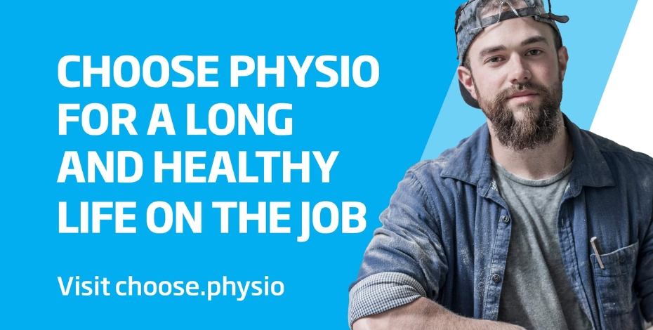 choose physio for a long and healthy life on the job in white text on a blue background with a profile picture of a young male worker and tools