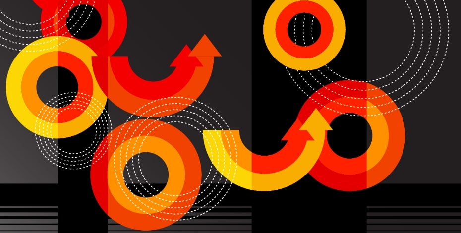 Circles and semicircles in yellow, orange and red are scattered across a dark background