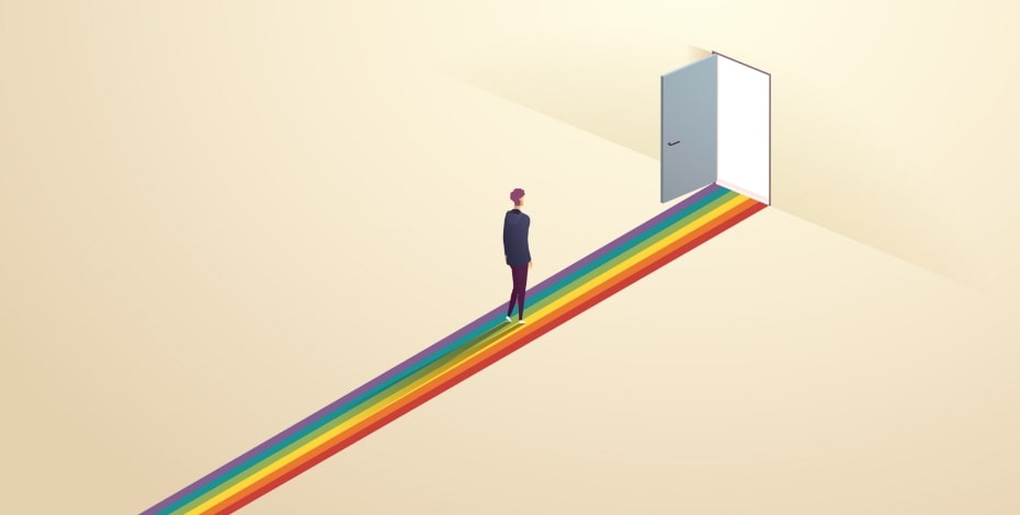 cartoon for a person walking a rainbow path leading to an open door