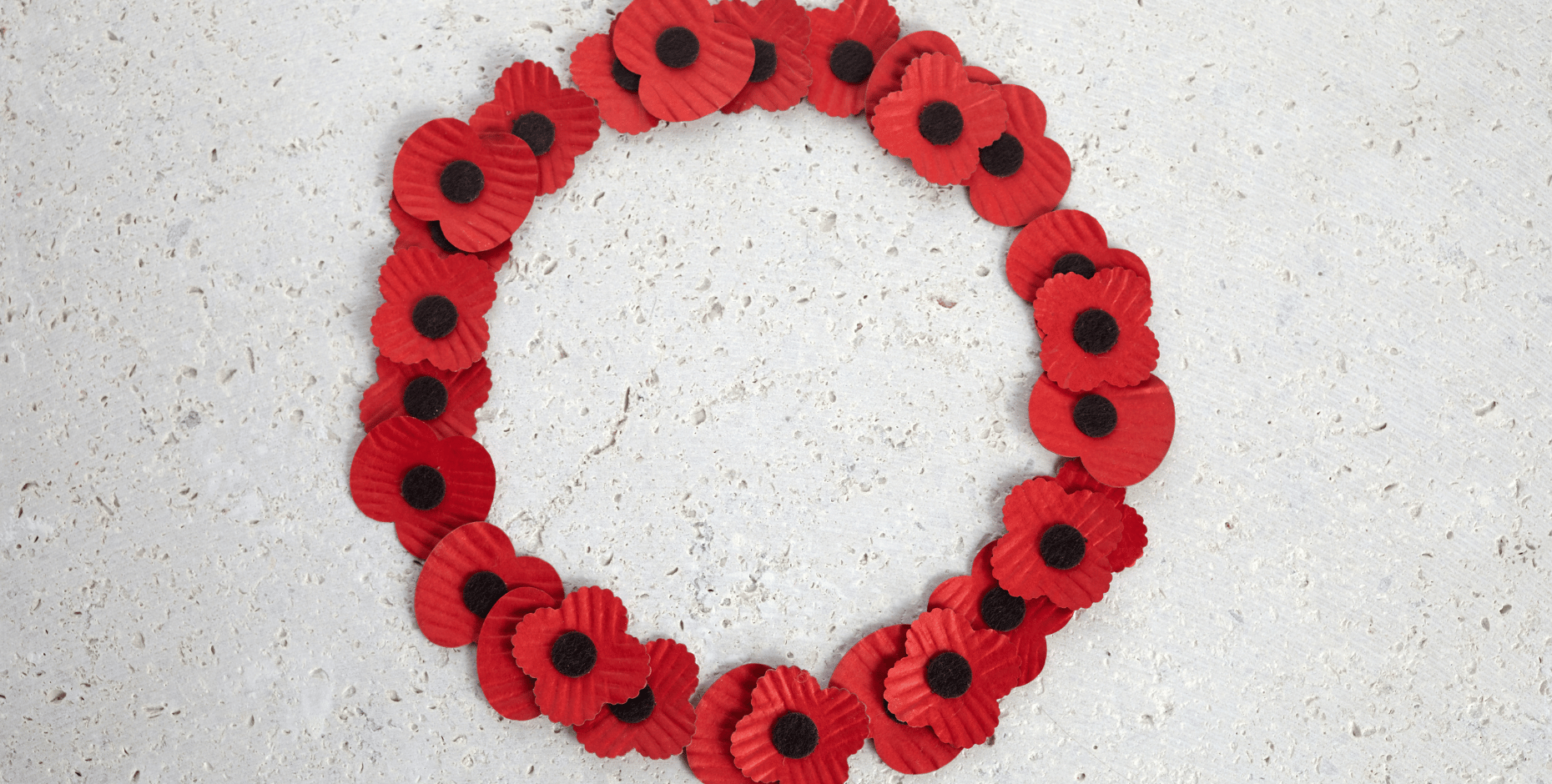 A plain background with a ring of red poppies in the center of the the image