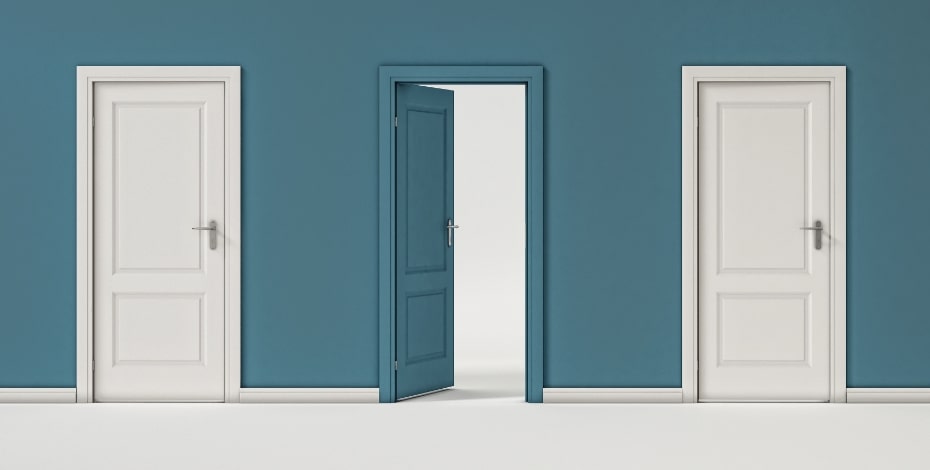 A series of doors with the one in the middle open and the others closed.