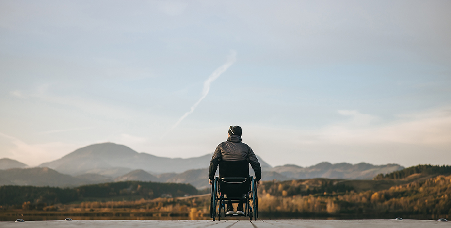 A person in a wheelchair stares out in to the wide world.