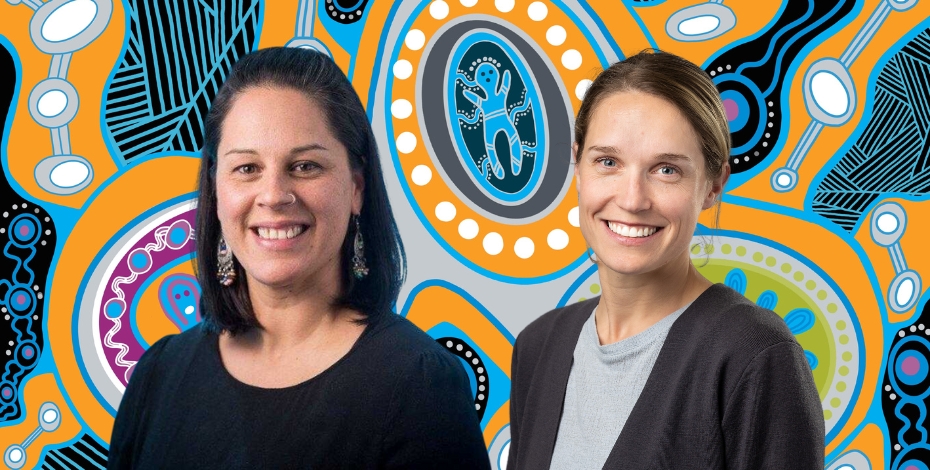 Headshot of Shawana Andrews and Rachel Toovey against an Indigenous art background. 