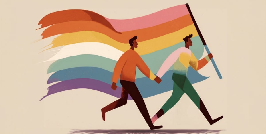 cartoon of two people holding hands, one with a big rainbow flag