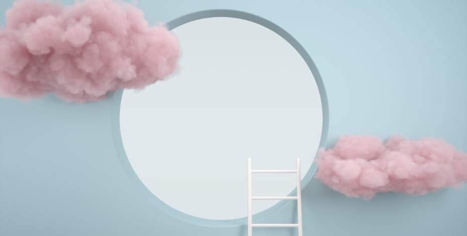 two pink fluffy clouds are on each side of an open window. A ladder leans against the window. 