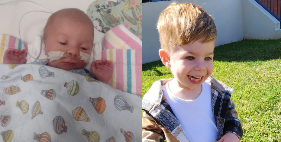 A collage with two images of Joseph, a two-and-a-half-year-old boy with Prader-Willi syndrome. On the left is a photo of Joseph when he was born, and on the right is a photo of him now, playing in his backyard.