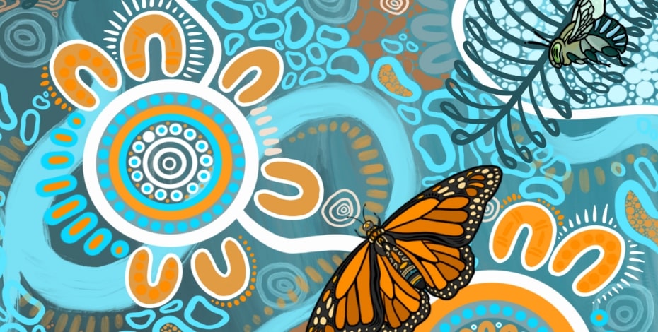 The image is an Aboriginal artwork featuring concentric circles of dots and solids in blue, white and mustard. U-shapes surround the circles and the background is filled with swirls, dots and small concentric circles. Orange butterflies, green flies and ferns overlay the image. 