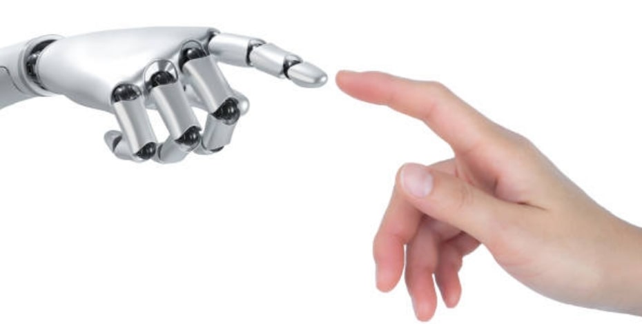 human hand and robotic hand touching index fingers