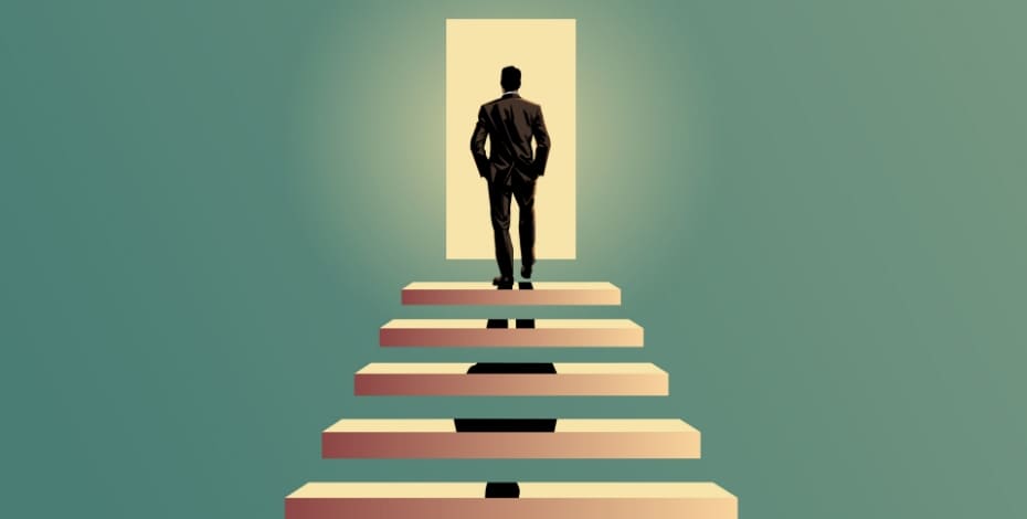 A man stands at the top of the stairs before a golden door 