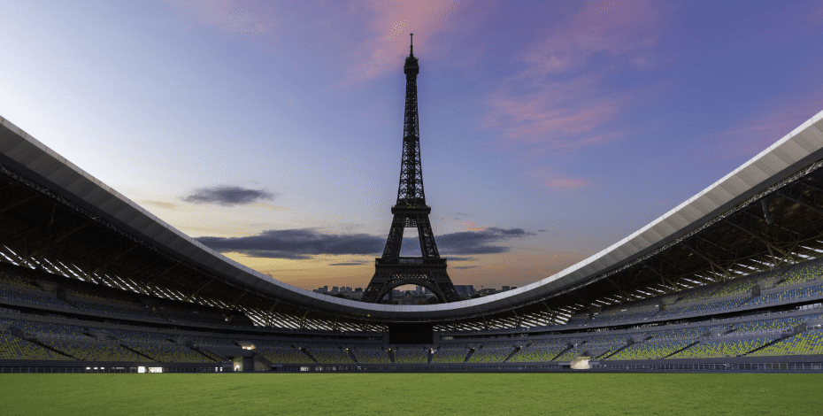 Paris's Eiffel Tower is seen behind the setting of a sporting field to show the Paris Olympic Games connection.