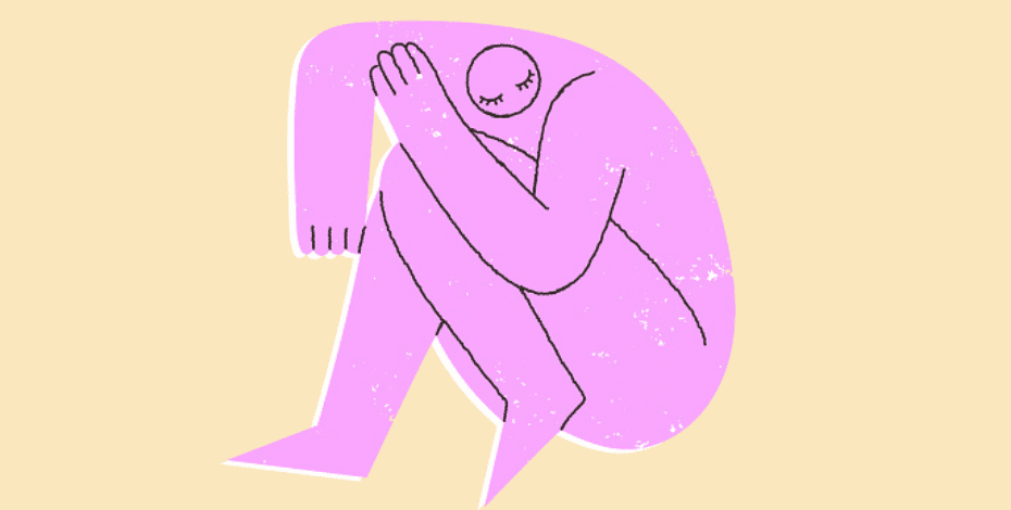 A drawing of a purple person on a yellow background. the person is sitting with their knees drawn up and their head cradled on their arms. 