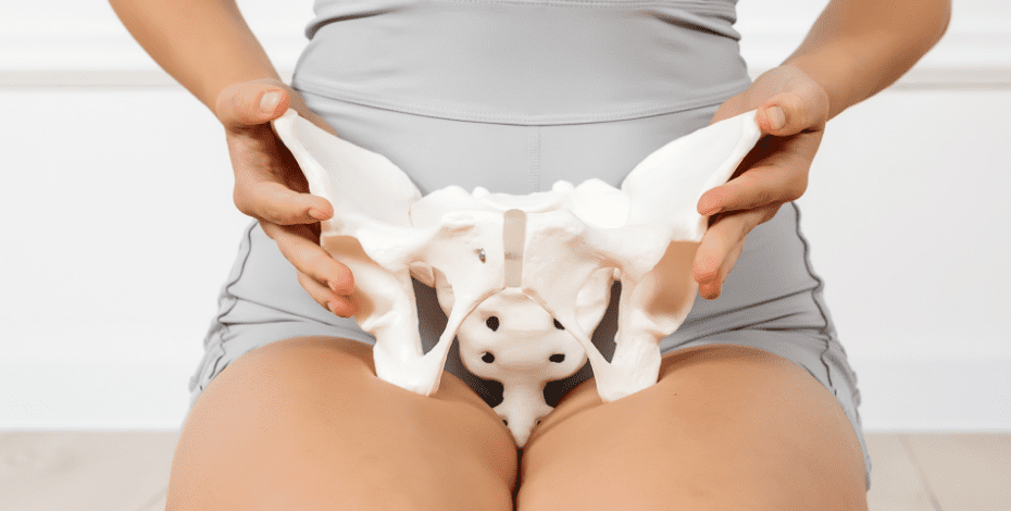 The image shows a woman kneeling down from the knees to the abdomen. She is holding a skeletal model of the pelvis in front of her. 