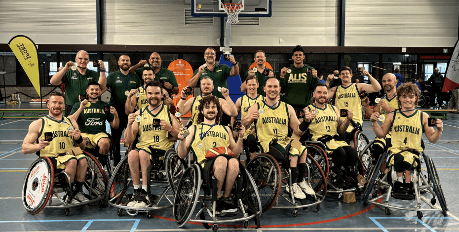 Paris calling: Ryan Campbell and the Rollers wheelchair basketball team after winning the International Wheelchair Basketball Federation 2024 Easter Tournament in Belgium.