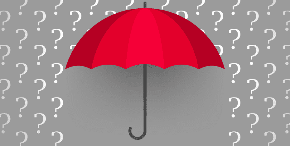 A red umbrella being rained on by white question marks