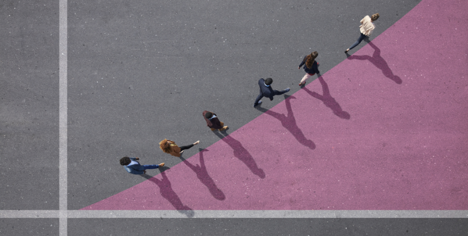 An abstract image of people crossing a colourful line.