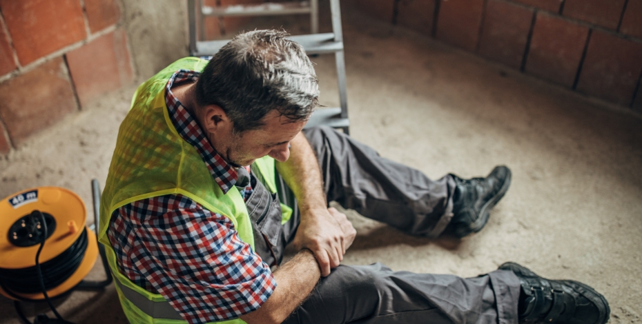 Older trades person in fluro vest sitting on a worksite and holding his wrist as if in pain