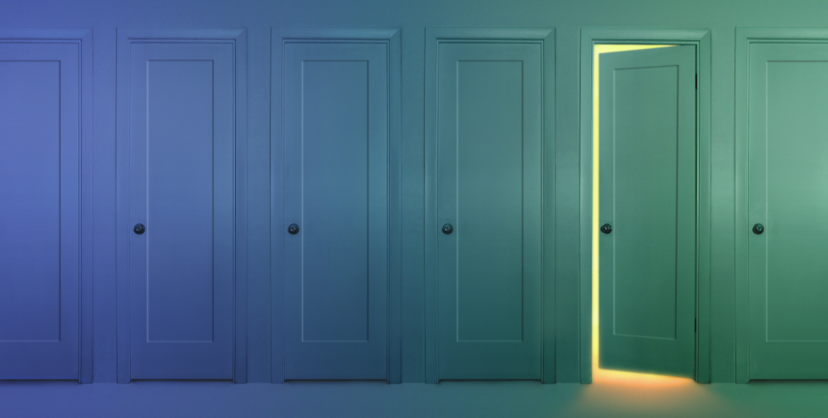 One of a row of doors is ajar. Doors are blue morphing into green.